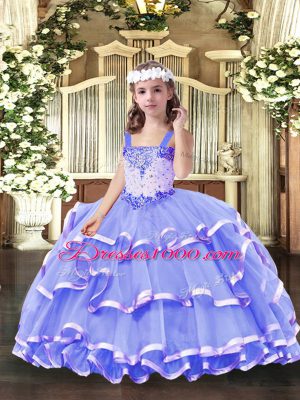 Low Price Lavender Sleeveless Floor Length Beading and Ruffled Layers Lace Up Pageant Dress for Girls