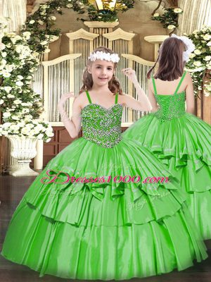 Enchanting Green Lace Up Straps Beading and Ruffled Layers Custom Made Pageant Dress Organza Sleeveless