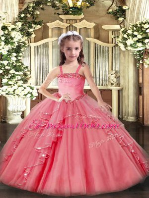 Straps Sleeveless Lace Up Little Girls Pageant Dress Wholesale Watermelon Red Organza