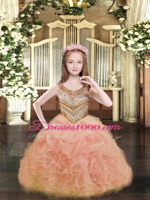 Orange Ball Gowns Organza Scoop Sleeveless Beading and Ruffles and Pick Ups Floor Length Lace Up Glitz Pageant Dress