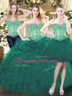 Charming Organza Sweetheart Sleeveless Lace Up Beading and Ruffles Quinceanera Dress in Green
