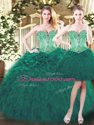 Charming Organza Sweetheart Sleeveless Lace Up Beading and Ruffles Quinceanera Dress in Green