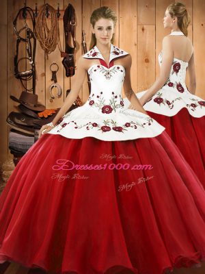 Latest Sleeveless Floor Length Embroidery Lace Up Sweet 16 Quinceanera Dress with White And Red