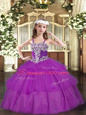 Low Price Floor Length Lace Up Little Girl Pageant Dress Fuchsia for Party and Quinceanera with Appliques and Ruffled Layers