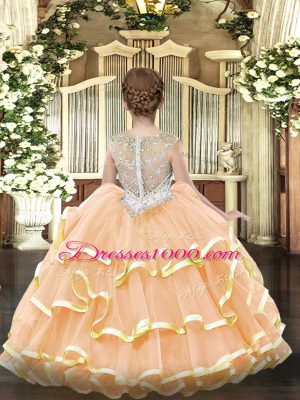 Orange Organza Zipper Scoop Sleeveless Floor Length Glitz Pageant Dress Beading and Ruffled Layers