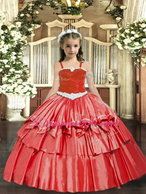 Floor Length Coral Red Little Girls Pageant Dress Organza Sleeveless Appliques and Ruffled Layers