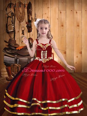 Fantastic Red Ball Gowns Straps Sleeveless Organza Floor Length Lace Up Beading and Embroidery and Ruffled Layers Little Girls Pageant Gowns