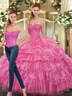 Eye-catching Rose Pink Organza Lace Up Sweetheart Sleeveless Floor Length Quinceanera Gowns Beading and Ruffles