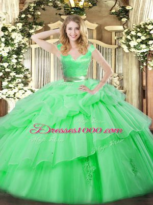 Green Zipper V-neck Ruffled Layers Ball Gown Prom Dress Organza Sleeveless