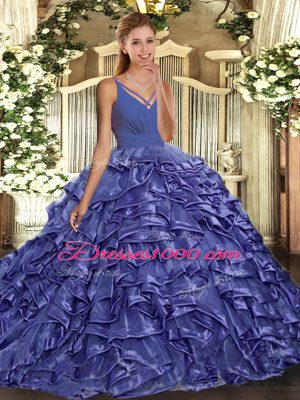 Beautiful V-neck Sleeveless Quinceanera Gown With Train Sweep Train Ruffles Lavender Organza