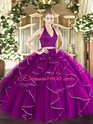 Sweet Purple Sleeveless Ruffles Floor Length Ball Gown Prom Dress