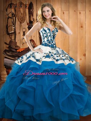Baby Blue Sweetheart Lace Up Embroidery and Ruffles Ball Gown Prom Dress Sleeveless
