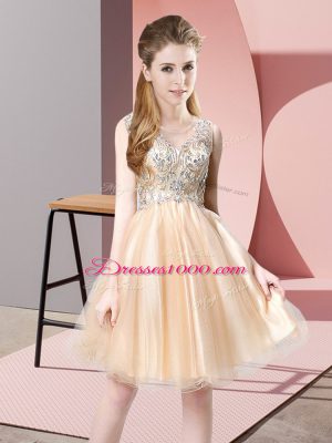Comfortable Champagne Sleeveless Knee Length Beading Zipper Prom Evening Gown