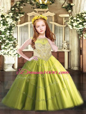 Custom Fit Olive Green Scoop Zipper Beading and Appliques Pageant Dress for Girls Sleeveless