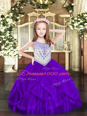 Purple Zipper Scoop Beading and Ruffles Little Girls Pageant Dress Tulle Sleeveless