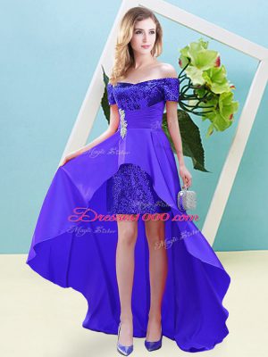 Purple Short Sleeves Beading High Low Dress for Prom