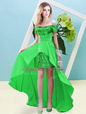 Perfect Green Empire Elastic Woven Satin and Sequined Off The Shoulder Short Sleeves Beading High Low Lace Up Dress for Prom