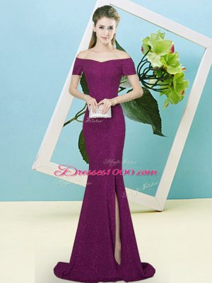 Glorious Purple Short Sleeves Sweep Train Sequins Homecoming Dress
