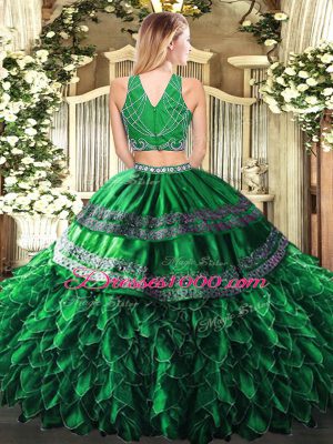 Fuchsia High-neck Neckline Beading and Ruffles Vestidos de Quinceanera Sleeveless Zipper