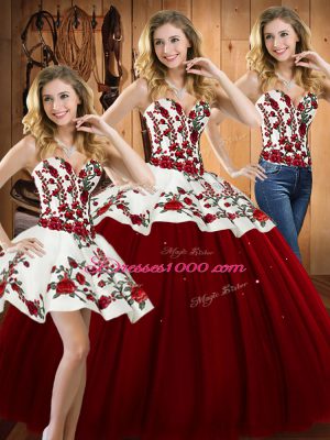 Floor Length Lace Up Ball Gown Prom Dress Wine Red for Military Ball and Sweet 16 and Quinceanera with Embroidery
