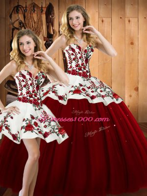 Floor Length Lace Up Ball Gown Prom Dress Wine Red for Military Ball and Sweet 16 and Quinceanera with Embroidery