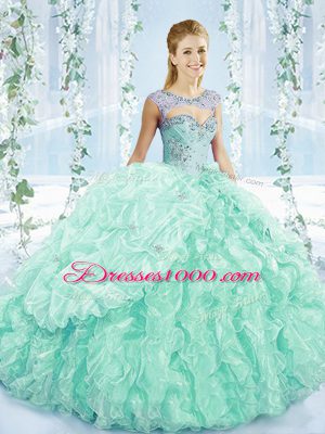 Sleeveless Brush Train Beading and Ruffles Lace Up Ball Gown Prom Dress