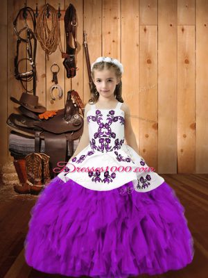 Eggplant Purple Ball Gowns Embroidery and Ruffles Pageant Dress for Teens Lace Up Organza Sleeveless Floor Length