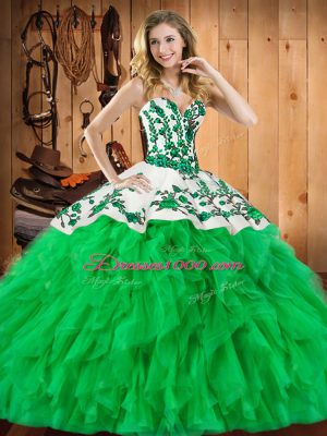 Extravagant Green Vestidos de Quinceanera Military Ball and Sweet 16 and Quinceanera with Embroidery and Ruffles Sweetheart Sleeveless Lace Up