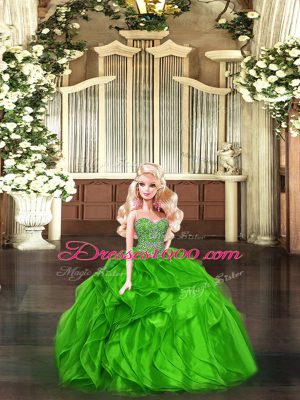 Green Ball Gowns Organza Sweetheart Sleeveless Beading and Ruffles Floor Length Lace Up Ball Gown Prom Dress