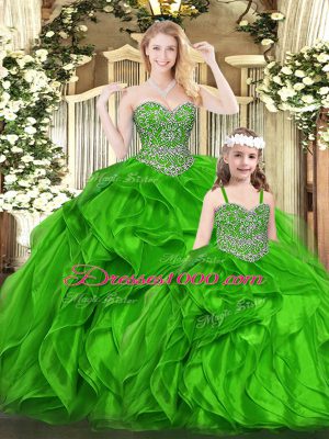 Green Ball Gowns Organza Sweetheart Sleeveless Beading and Ruffles Floor Length Lace Up Ball Gown Prom Dress