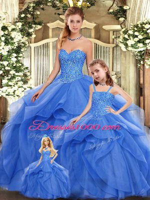 Graceful Blue Vestidos de Quinceanera Military Ball and Sweet 16 and Quinceanera with Beading and Ruffles Sweetheart Sleeveless Lace Up