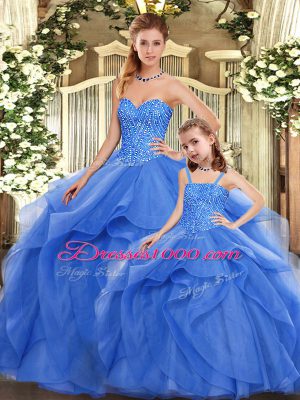 Graceful Blue Vestidos de Quinceanera Military Ball and Sweet 16 and Quinceanera with Beading and Ruffles Sweetheart Sleeveless Lace Up