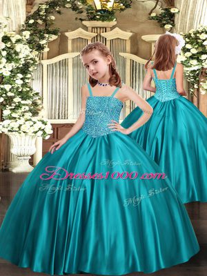 Teal Sleeveless Satin Zipper Little Girl Pageant Gowns for Party and Sweet 16 and Quinceanera and Wedding Party