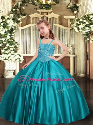 Teal Sleeveless Satin Zipper Little Girl Pageant Gowns for Party and Sweet 16 and Quinceanera and Wedding Party