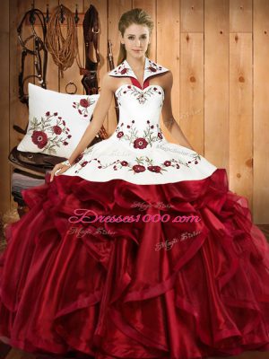 Custom Made Floor Length Lace Up Quince Ball Gowns Wine Red for Military Ball and Sweet 16 and Quinceanera with Embroidery and Ruffles