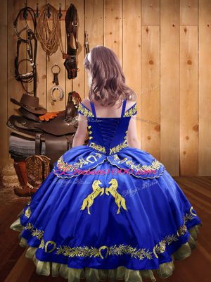 Charming Satin Off The Shoulder Sleeveless Lace Up Beading and Embroidery Pageant Gowns in Gold