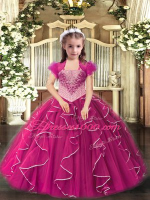Fashion Fuchsia Lace Up Straps Embroidery and Ruffles Winning Pageant Gowns Tulle Sleeveless