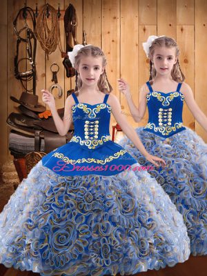 Popular Multi-color Straps Neckline Embroidery and Ruffles Little Girl Pageant Gowns Sleeveless Lace Up