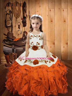 Orange Red Straps Neckline Embroidery and Ruffles Winning Pageant Gowns Sleeveless Lace Up