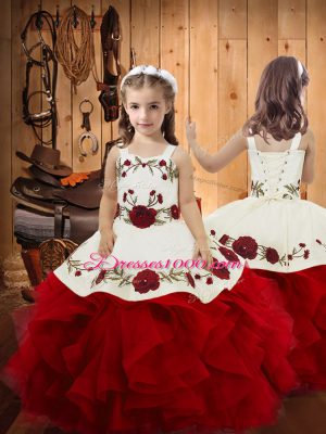 Wine Red Sleeveless Satin and Tulle Lace Up Child Pageant Dress for Sweet 16 and Quinceanera