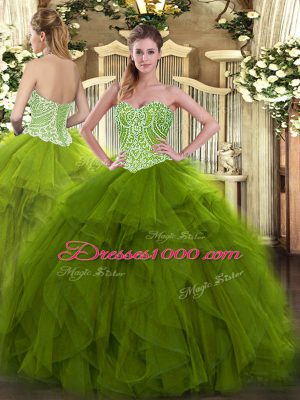 Fabulous Olive Green Lace Up Sweetheart Beading and Ruffles Vestidos de Quinceanera Organza Sleeveless