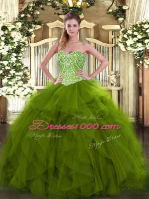 Fabulous Olive Green Lace Up Sweetheart Beading and Ruffles Vestidos de Quinceanera Organza Sleeveless