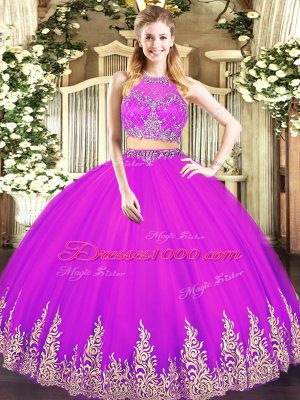 High Class Fuchsia Sleeveless Beading and Appliques Floor Length Quince Ball Gowns