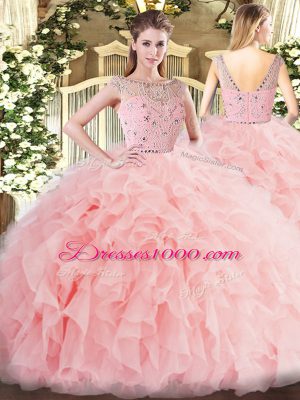 Sleeveless Floor Length Beading and Ruffles Zipper Sweet 16 Dresses with Baby Pink