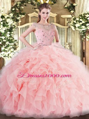 Sleeveless Floor Length Beading and Ruffles Zipper Sweet 16 Dresses with Baby Pink
