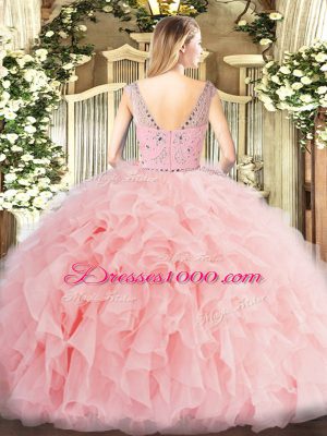 Sleeveless Floor Length Beading and Ruffles Zipper Sweet 16 Dresses with Baby Pink