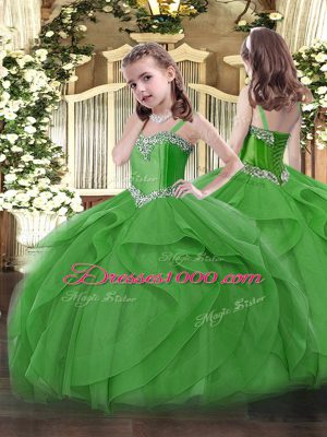 Green Tulle Lace Up Straps Sleeveless Floor Length Pageant Dress for Womens Beading and Ruffles
