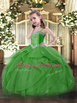 Green Tulle Lace Up Straps Sleeveless Floor Length Pageant Dress for Womens Beading and Ruffles