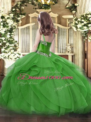 Green Tulle Lace Up Straps Sleeveless Floor Length Pageant Dress for Womens Beading and Ruffles