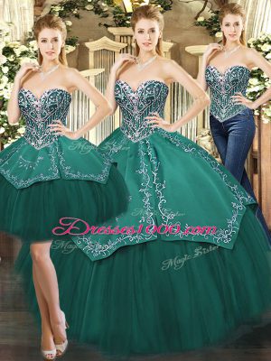 Fashionable Sweetheart Sleeveless Sweet 16 Quinceanera Dress Floor Length Beading and Appliques Dark Green Tulle